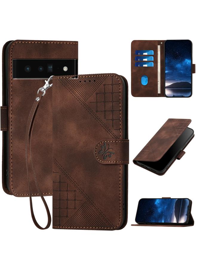 اس-توب جراب هاتف من الجلد بنقشة شبكية على شكل فراشة لهاتف Google Pixel 6 Pro مع حبل تعليق - Image 1