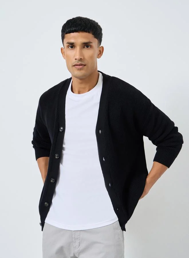 Styli Styli Men Black Knit Cardigan with Button Placket