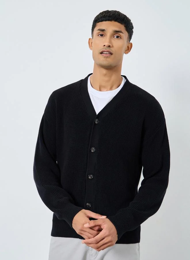 Styli Styli Men Black Knit Cardigan with Button Placket