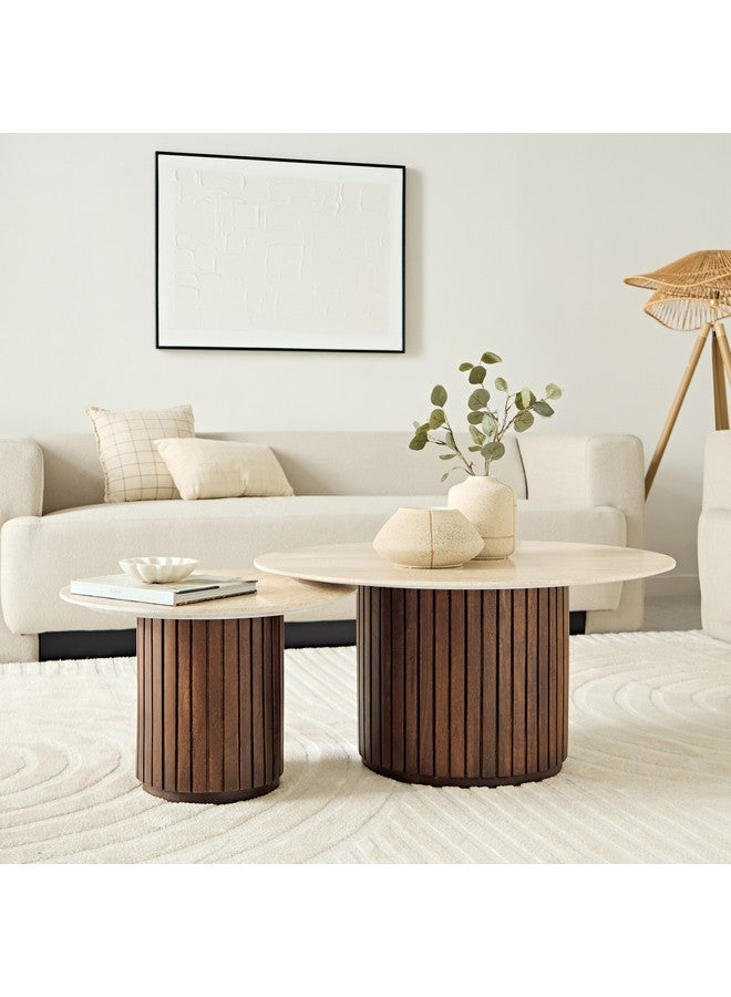 Home Box Fluted 2-Piece Travertine Top Round Coffee Table Set 80 x 45 x 80 cm  - Image 1
