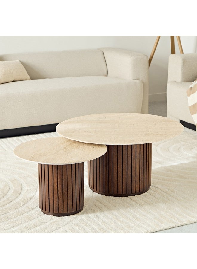 Home Box Fluted 2-Piece Travertine Top Round Coffee Table Set 80 x 45 x 80 cm  - Image 2