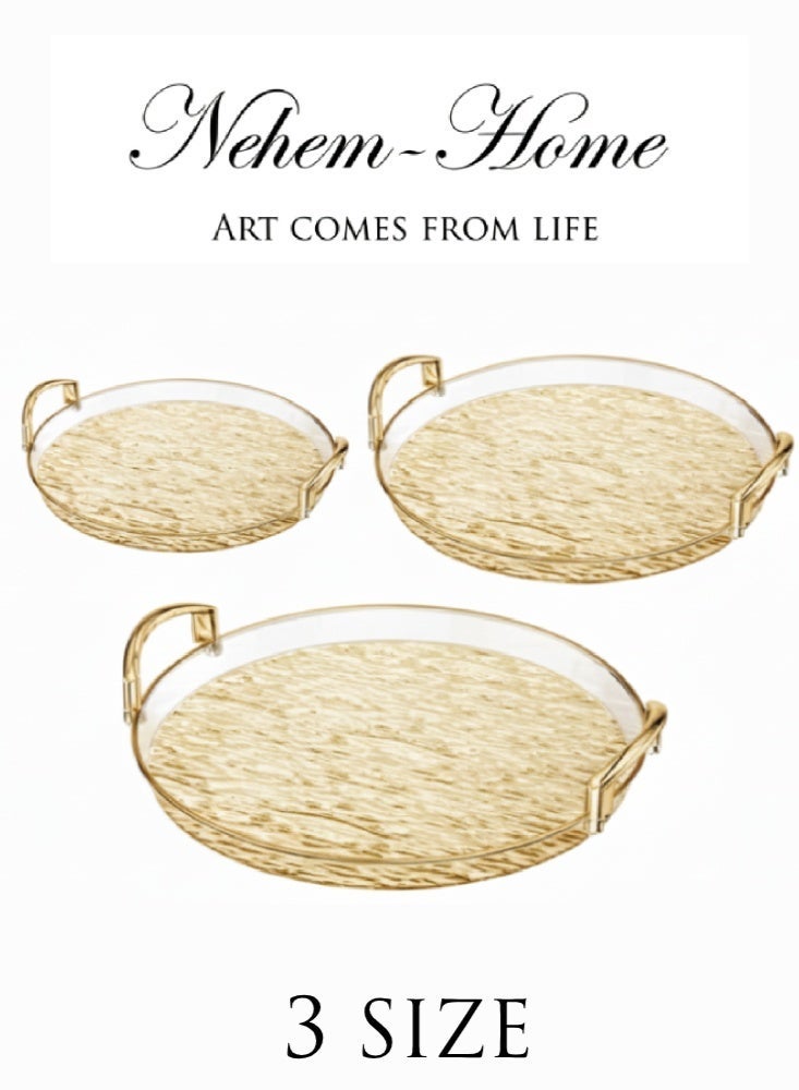 nehem 3-Piece Clear Serving Tray Set – Polished Metal Handles, Wavy Pattern, Spill-Proof Design, Decorative Trays for Coffee Table, Tea, and Storage - Image 2