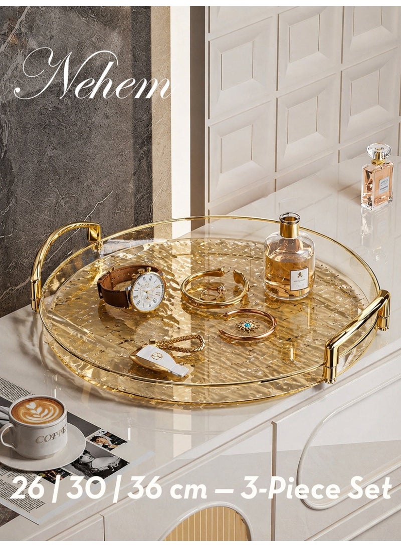 nehem 3-Piece Clear Serving Tray Set – Polished Metal Handles, Wavy Pattern, Spill-Proof Design, Decorative Trays for Coffee Table, Tea, and Storage - Image 1