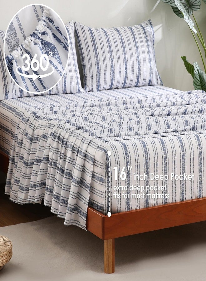 JSD Blue Striped Cotton Sheet Set Queen Size, 300 TC Sateen Cotton Bed Sheets Extra Deep Pocket, Soft Smooth Breathable - Image 5