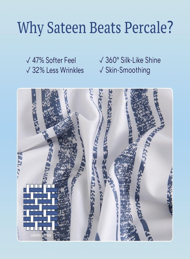 JSD Blue Striped Cotton Sheet Set Queen Size, 300 TC Sateen Cotton Bed Sheets Extra Deep Pocket, Soft Smooth Breathable - Image 4