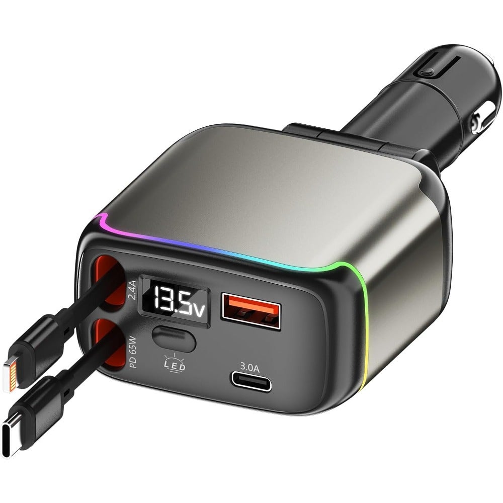 137W Fast Charging Car Charger 4-in-1 Adapter with 2 Retractable Cable