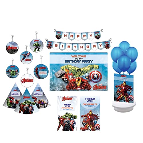 PrettyurParty Pretty UR Party Avengers Party Decorations Kit - 80 pcs Includes Banner, Balloons, Thank You, Centerpiece, danglers, Avengers Party Supplies, Marvel Birthday Decor, DIY Décor Pack for Kids, Boys - Image 1