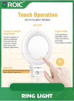 GROIC Ring Light, 3 Light Mode Selfie Rechargeable Large Capacity Battery Portable 60 LED Adjustable Brightness Clip on for Phone, iPad, Laptop, Makeup, TikTok, Photography, Vlog, YouTube  - Image 2