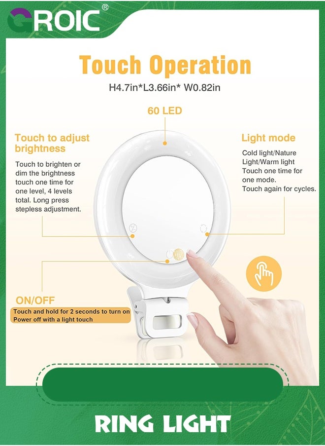 GROIC Ring Light, 3 Light Mode Selfie Rechargeable Large Capacity Battery Portable 60 LED Adjustable Brightness Clip on for Phone, iPad, Laptop, Makeup, TikTok, Photography, Vlog, YouTube  - Image 2