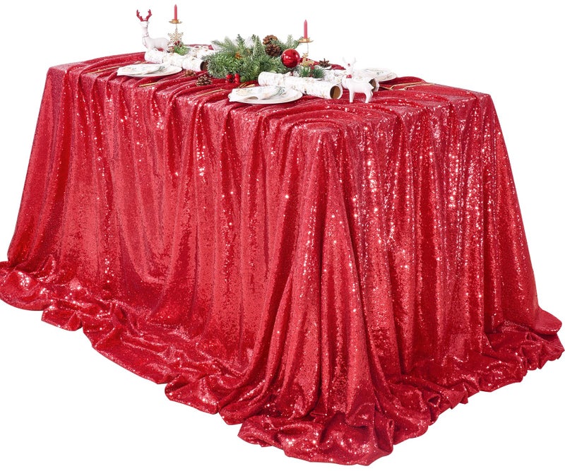 QueenDream Sequin Tablecloth 60x102 Inch Red Tablecloth Glitter Table Cloth for Bridal Shower Birthday Engagement Wedding Party Decorations
