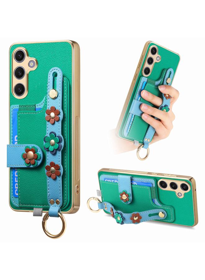 اس-توب جراب لهاتف Samsung Galaxy S24+ 5G مع سوار معصم وبطاقة وحقيبة هاتف بتصميم زهور مجسمة - Image 1
