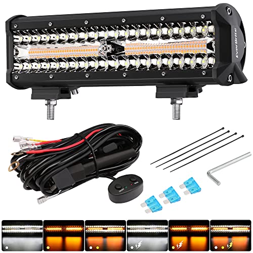 EverBrite 12 Inch 300W Light Bar, Spot Flood White/Amber/Strobe 6 Modes with Memory Function, Off Road Fog Driving Work Light for Truck Car with 16AWG Wiring Harness Kit - Image 1