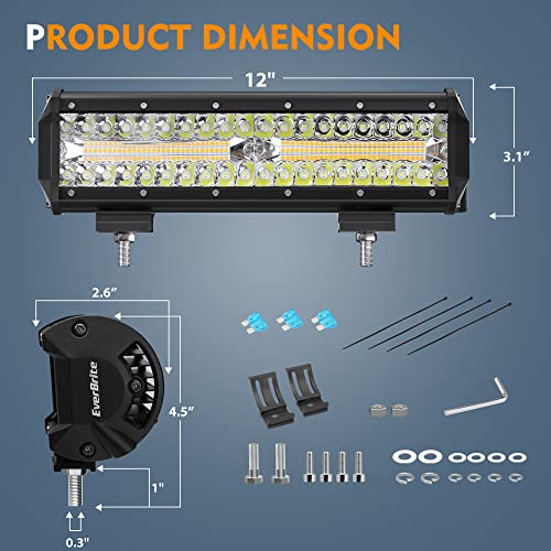 EverBrite 12 Inch 300W Light Bar, Spot Flood White/Amber/Strobe 6 Modes with Memory Function, Off Road Fog Driving Work Light for Truck Car with 16AWG Wiring Harness Kit - Image 2