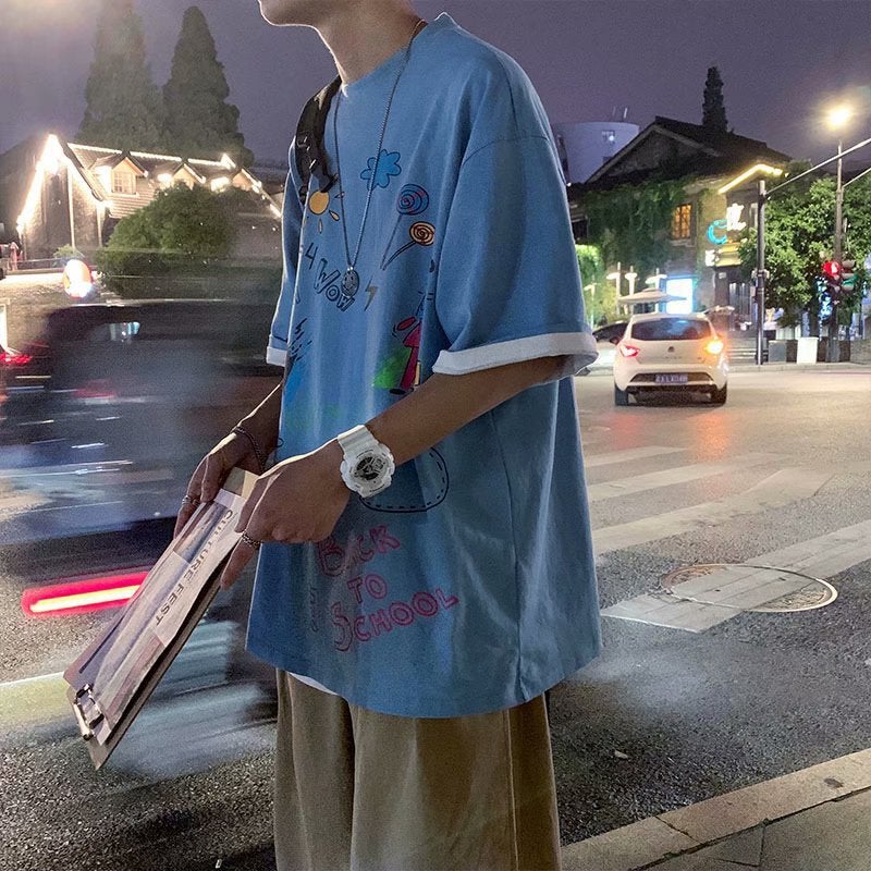 Summer T-shirt Mens Loose Half-sleeve Hong Kong-style Trendy ins Hip-hop Graffiti Short-sleeve Trendy Brand New Half-sleeve Top Blue  - Image 1
