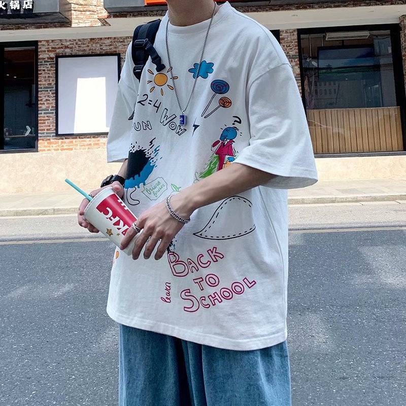 Summer T-shirt Mens Loose Half-sleeve Hong Kong-style Trendy ins Hip-hop Graffiti Short-sleeve Trendy Brand New Half-sleeve Top Blue  - Image 5