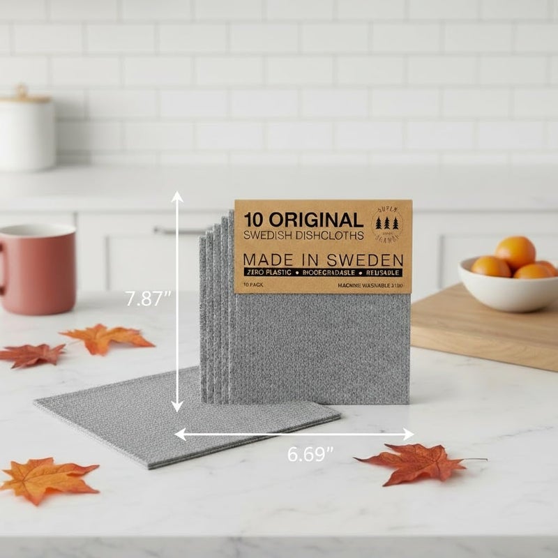 SUPERSCANDI 10 Pack Swedish Dishcloths for Kitchen - 100% Biodegradable & Compostable Reusable Paper Towels Washable, Food-Safe & Without Plastic - Dish Rags Suitable for Any Surface, Grey - Image 3