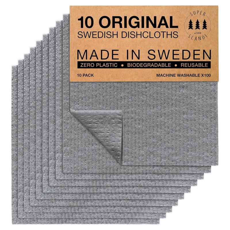 SUPERSCANDI 10 Pack Swedish Dishcloths for Kitchen - 100% Biodegradable & Compostable Reusable Paper Towels Washable, Food-Safe & Without Plastic - Dish Rags Suitable for Any Surface, Grey - Image 1