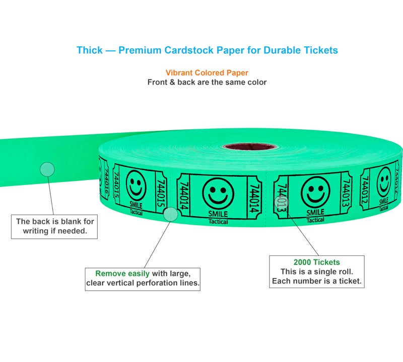 Tacticai 2000 Raffle Tickets, Smile, Green (1 of 8 Colors), Single Roll, Ticket for Events, Entry, Class Reward, Fundraiser & Prizes - Image 1