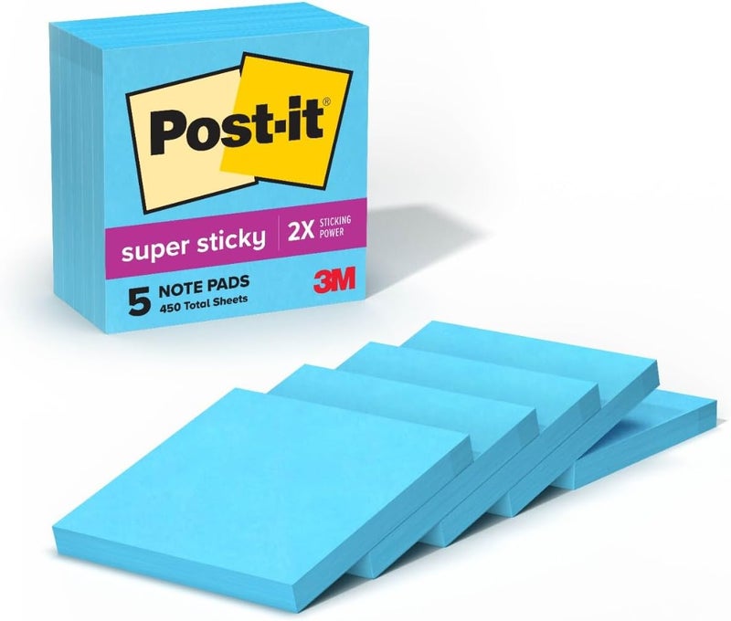 Post It Super Sticky Notes, 5 Sticky Note Pads, 3 x 3 in., School Supplies, Office Products, Sticky Notes for Vertical Surfaces, Monitors, Walls and Windows, Blue Paradise - Image 1