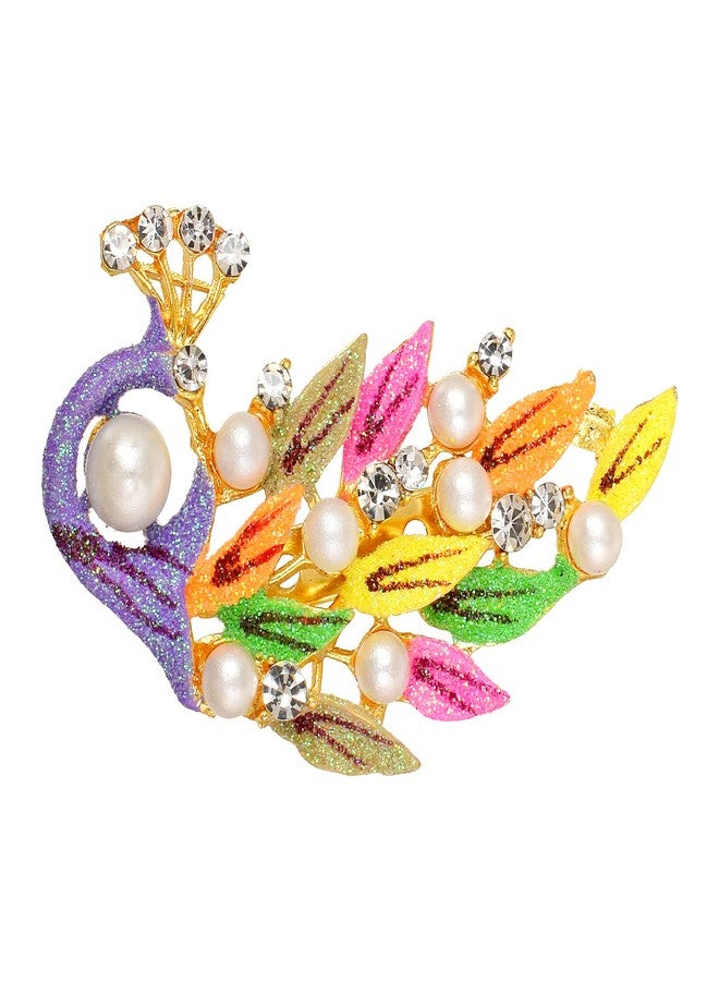 Memoir Brass Goldplated Pearl and CZ Zari Finish Peacock design Fashion Sareepin Dupatta Pallu pin Brooch Men Women Stylish (SPDM3628) - Image 1