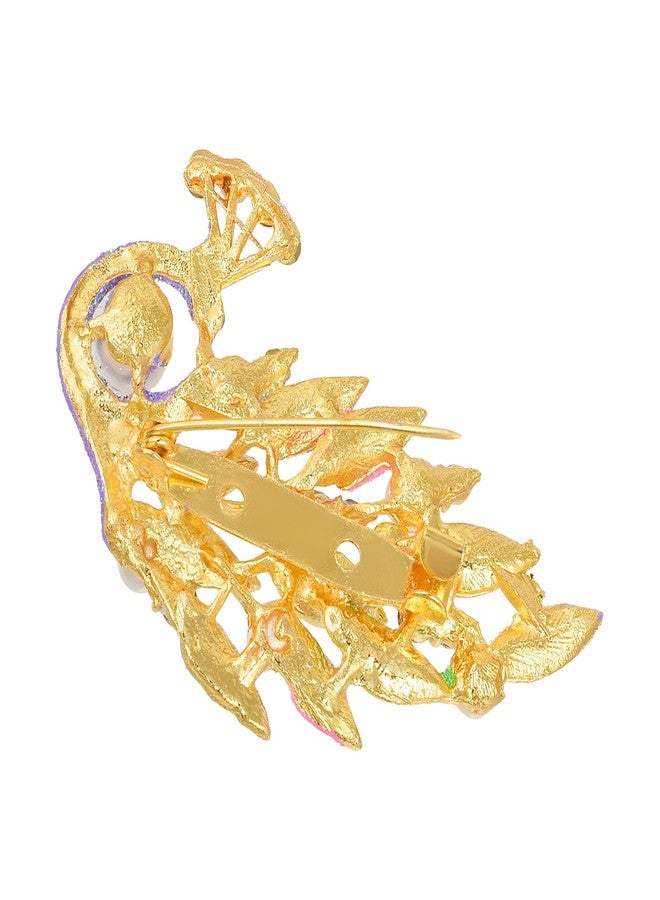 Memoir Brass Goldplated Pearl and CZ Zari Finish Peacock design Fashion Sareepin Dupatta Pallu pin Brooch Men Women Stylish (SPDM3628) - Image 3