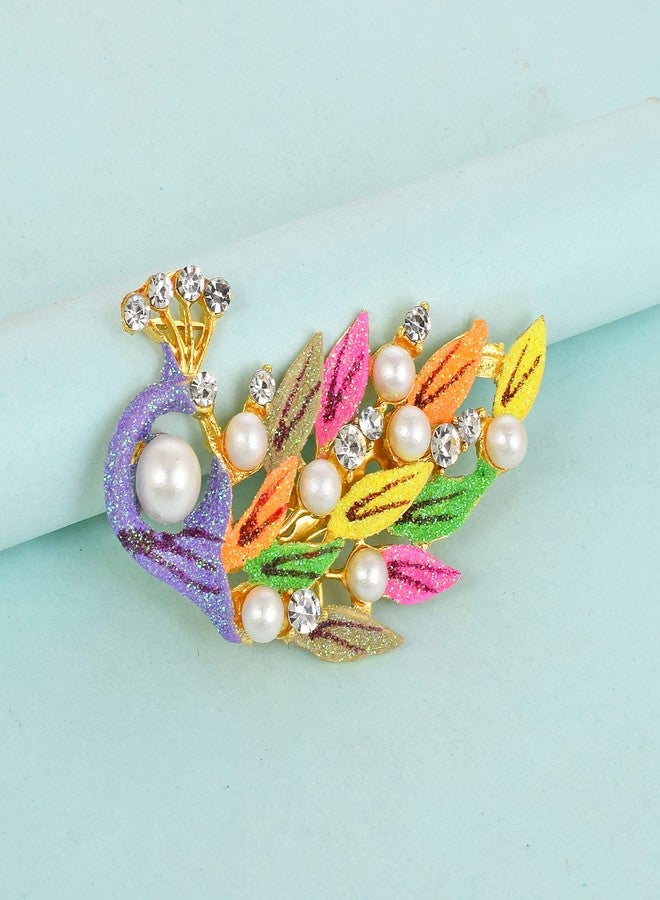 Memoir Brass Goldplated Pearl and CZ Zari Finish Peacock design Fashion Sareepin Dupatta Pallu pin Brooch Men Women Stylish (SPDM3628) - Image 4