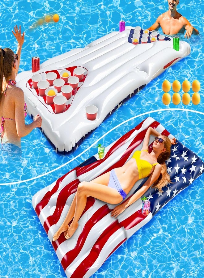 AMENON 2 in 1 American Flag Pool Float & Pong Game Table with 8 Balls, 6x3 Ft Patriotic Inflatable Lounger for 4th of July Pool Parties, Summer Water Games and Adult Backyard BBQ Pool Party ((No Include Cup) - Image 1