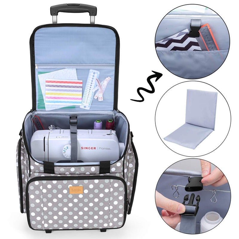 LUXJA Sewing Machine Case with Detachable Dolly, Sewing Machine Tote with Removable Bottom Pad (Patent Design), Gray Dots - Image 2