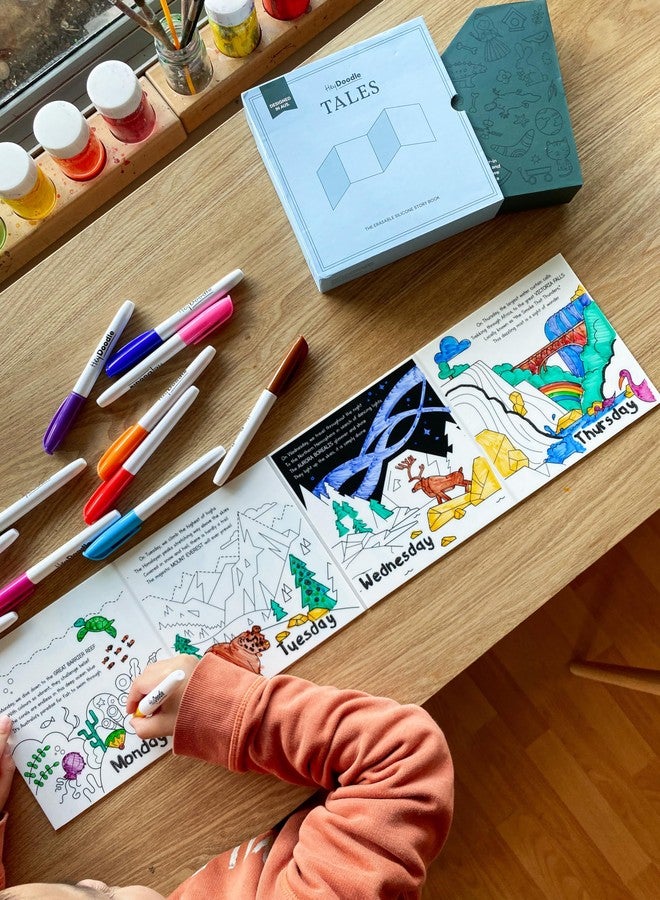 HeyDoodle Tales Foldout Book - Reusable Silicone Coloring Books for Kids Ages 3-7 with Flip Pages & Educational Themes - Coloring Kit Includes 12 Markers & Keepsake Box - Image 3