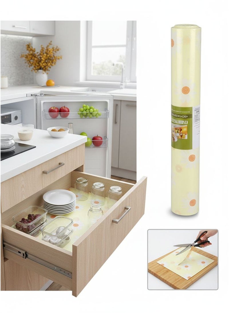 رول مفارش أدراج وثلاجة من الفوم واقية ومضادة للانزلاق - مفرش رفوف المطبخ سهل القص والتنظيف - تصميم زهور الأقحوان الأنيق  - (45cm*300cm) 5m