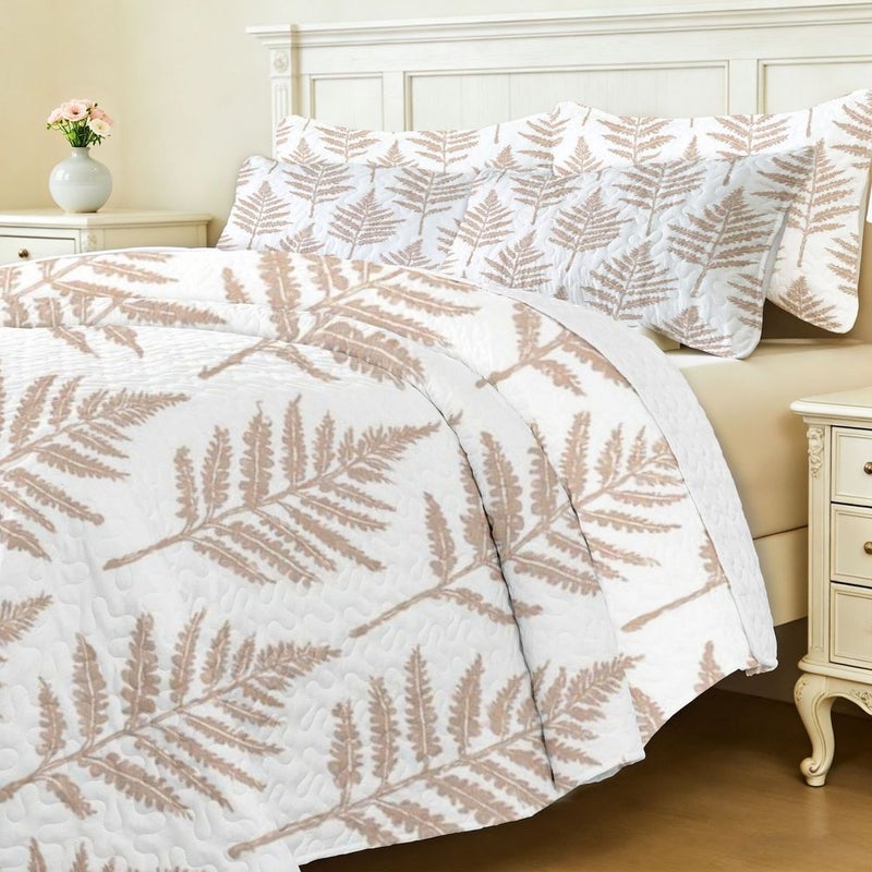 2 3 Pieces Twin Quilted Bed Cover Set Without Pillow Core Polychrome Digital Printing Minimalist Light Brown Beige Fern Fronds Pattern On White Background Delicate Symmetrical Layered Leaflets Cohesive Rows And Columns Arrangement Elegant Fabric Design - Image 5