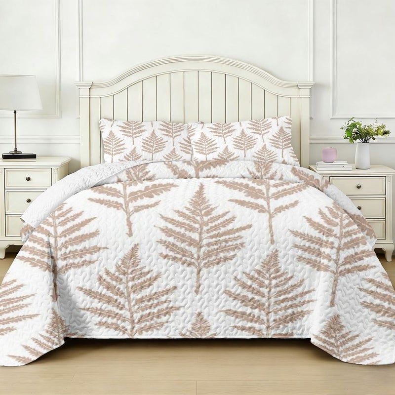 2 3 Pieces Twin Quilted Bed Cover Set Without Pillow Core Polychrome Digital Printing Minimalist Light Brown Beige Fern Fronds Pattern On White Background Delicate Symmetrical Layered Leaflets Cohesive Rows And Columns Arrangement Elegant Fabric Design - Image 1