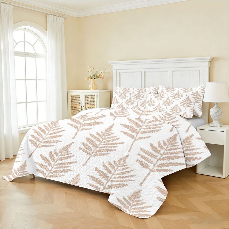 2 3 Pieces Twin Quilted Bed Cover Set Without Pillow Core Polychrome Digital Printing Minimalist Light Brown Beige Fern Fronds Pattern On White Background Delicate Symmetrical Layered Leaflets Cohesive Rows And Columns Arrangement Elegant Fabric Design - Image 2