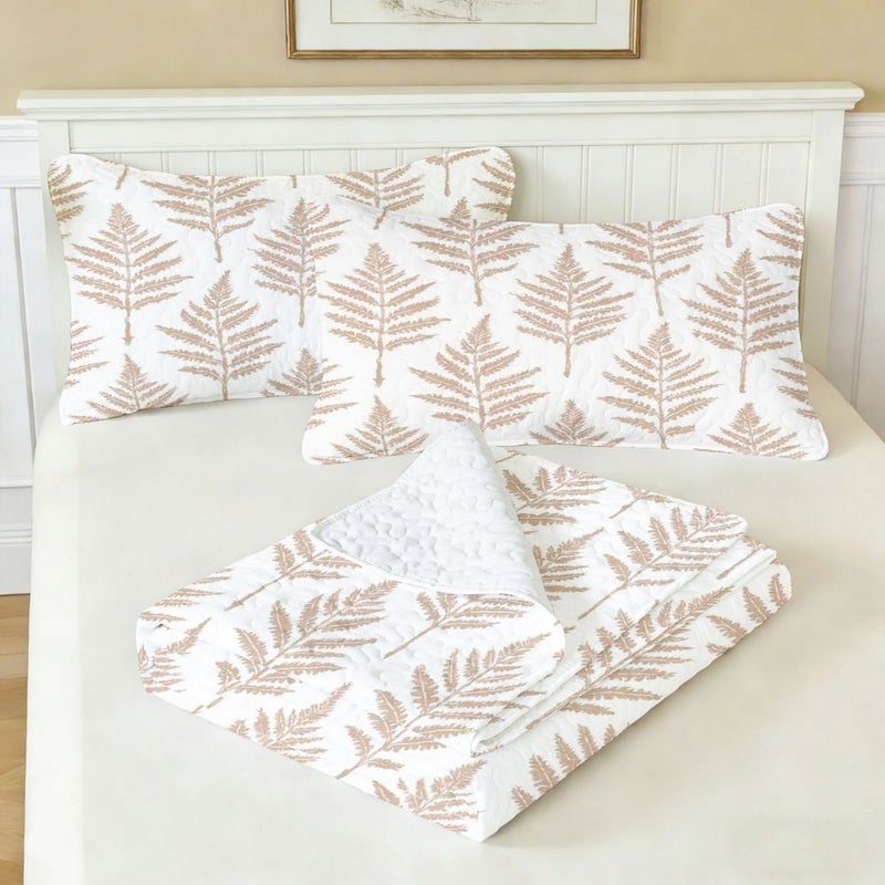 2 3 Pieces Twin Quilted Bed Cover Set Without Pillow Core Polychrome Digital Printing Minimalist Light Brown Beige Fern Fronds Pattern On White Background Delicate Symmetrical Layered Leaflets Cohesive Rows And Columns Arrangement Elegant Fabric Design - Image 4