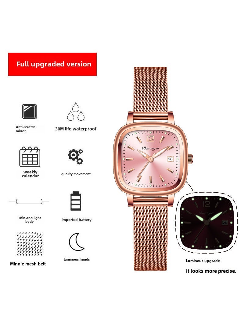 Elegant Lady Square Quartz Watch Waterproof Luxury Pink mesh belt [waterproof calendar luminous]]