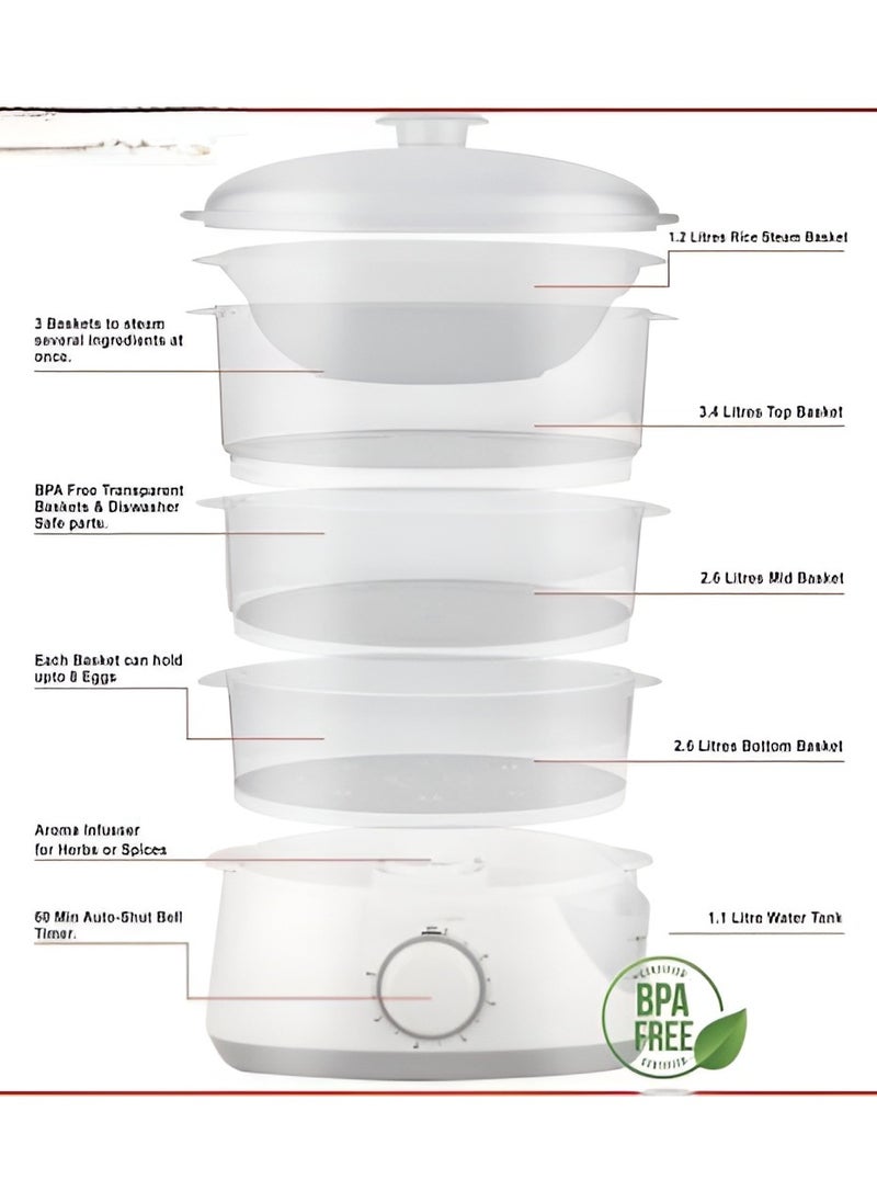 Generic Electric Food Dehydrator and Steamer – 3 Stackable Baskets, 8.5L Capacity, BPA-Free, 360° Airflow System, 60-Min Timer with Auto Shut-Off, Removable Drip Tray, Adjustable Temperature Control  - Image 3