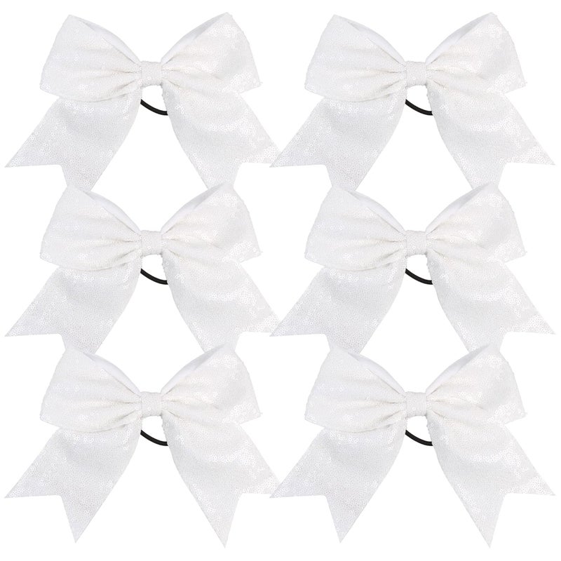 Metallic Sequin and Holographic 8 Inch Jumbo Hair Bow Tie for Cheerleaders and School White Sequin