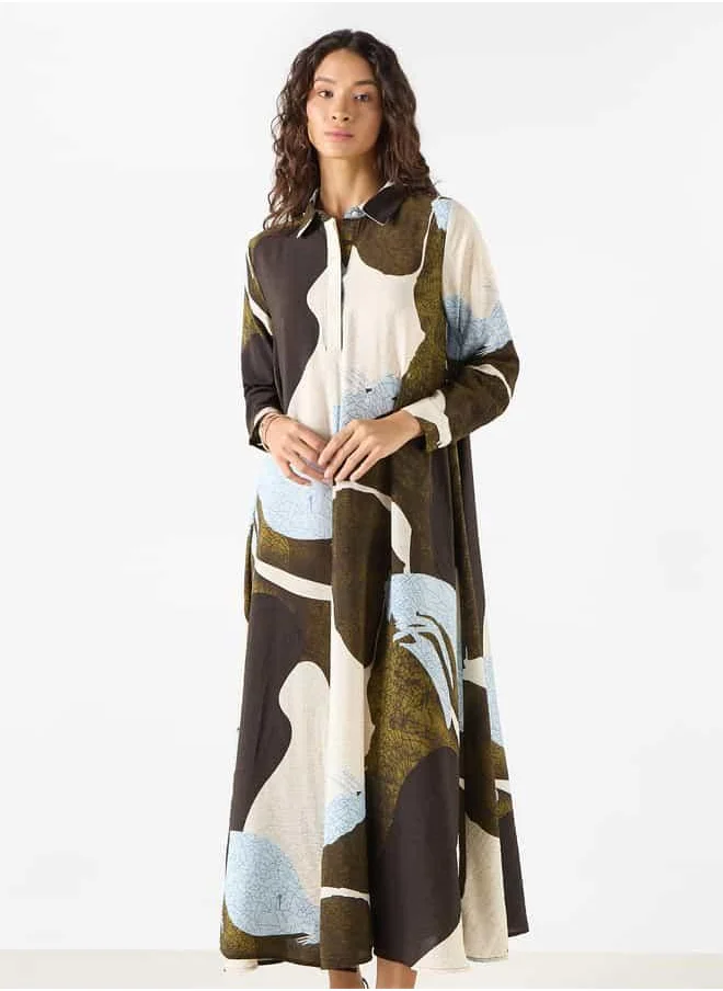 Iconic Iconic Printed Shirt Dress with Collar and Long Sleeves