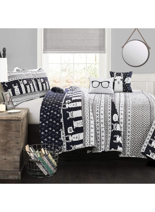 Lush Decor Lush Decor Navy Llama Striped 5-Piece Quilt Bed Set, Full/Queen - Image 1