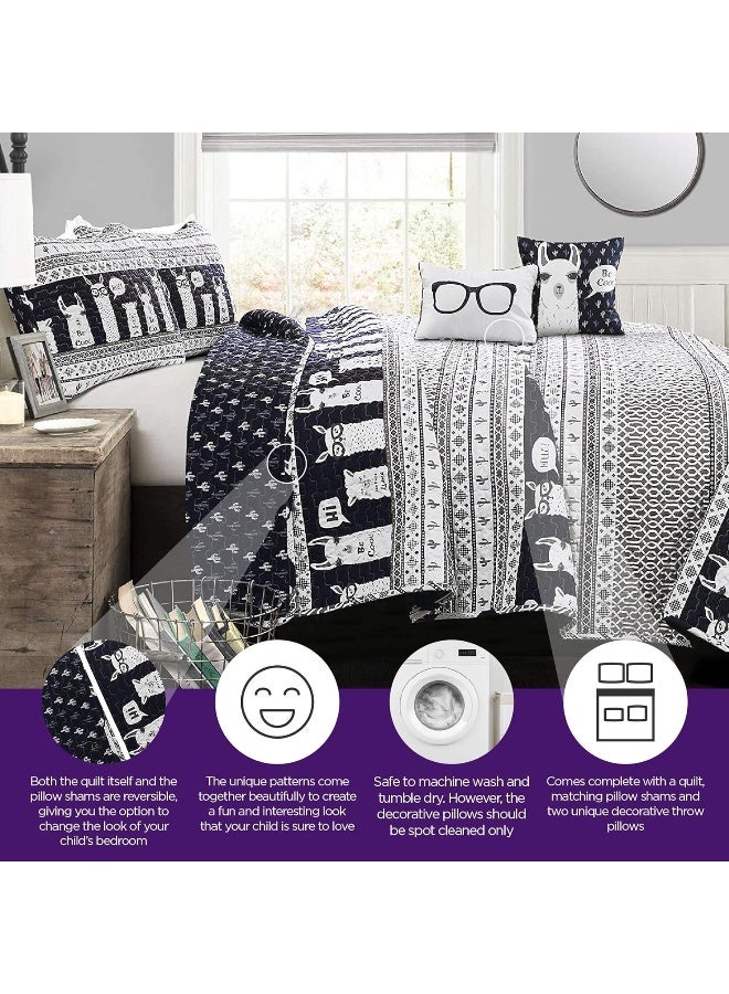 Lush Decor Lush Decor Navy Llama Striped 5-Piece Quilt Bed Set, Full/Queen - Image 2