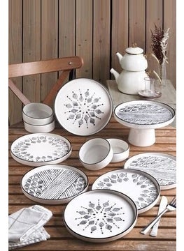 Kitchen Life 11 Piece Breakfast Set for 6 Persons with Standing Serving Plates - Presentation Set Black and White 19x19x11cm  - Image 1