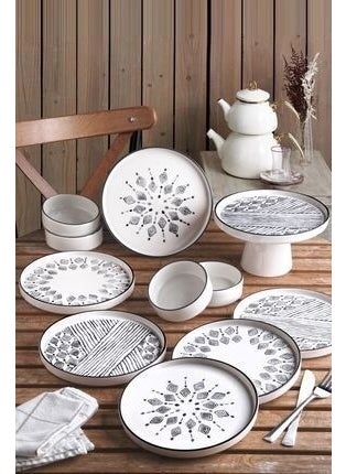 Kitchen Life - طقم فطور مكون من 11 قطعة لـ 6 أشخاص مع أطباق تقديم قائمة - طقم تقديم أبيض وأسود 19x19x11 سم - Image 1