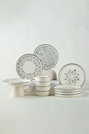 Kitchen Life 11 Piece Breakfast Set for 6 Persons with Standing Serving Plates - Presentation Set Black and White 19x19x11cm