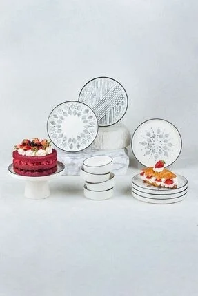 Kitchen Life 11 Piece Breakfast Set for 6 Persons with Standing Serving Plates - Presentation Set Black and White 19x19x11cm