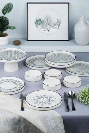 Kitchen Life 11 Piece Breakfast Set for 6 Persons with Standing Serving Plates - Presentation Set Black and White 19x19x11cm