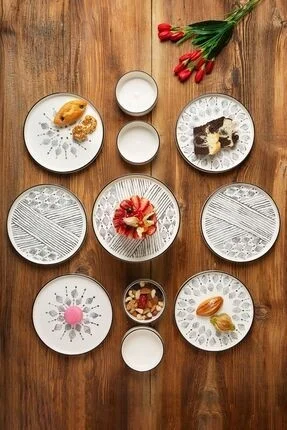 Kitchen Life 11 Piece Breakfast Set for 6 Persons with Standing Serving Plates - Presentation Set Black and White 19x19x11cm