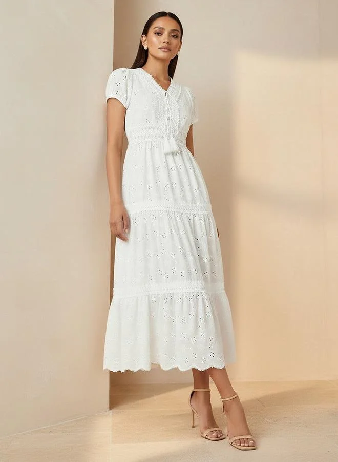 تواكستريمز 2Xtremz A line Midi Cotton Tiered Dress with Schiffli Embroidery