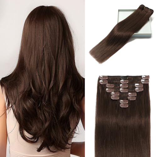 LORIEN Clip in Hair Extensions Real Human Hair Clip in 100 Brazilian Remy Human Hair Extensions 8pcs Per Set with 18 Clips Double Weft 18 Inch 100g 4 Dark Brown - Image 1