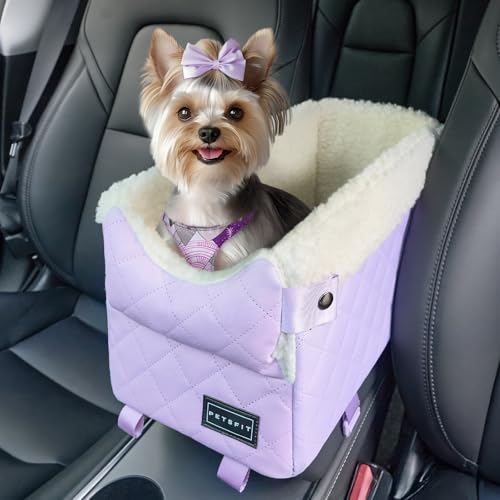 PETSFIT Cat Car Seat with Safe Protection Hooks Center Console Dog Car Seat with Upgraded Safety Tethers Washable Cushion Dog Car Seats for Small Dogs Up to 8 Lbs Purple - Image 1