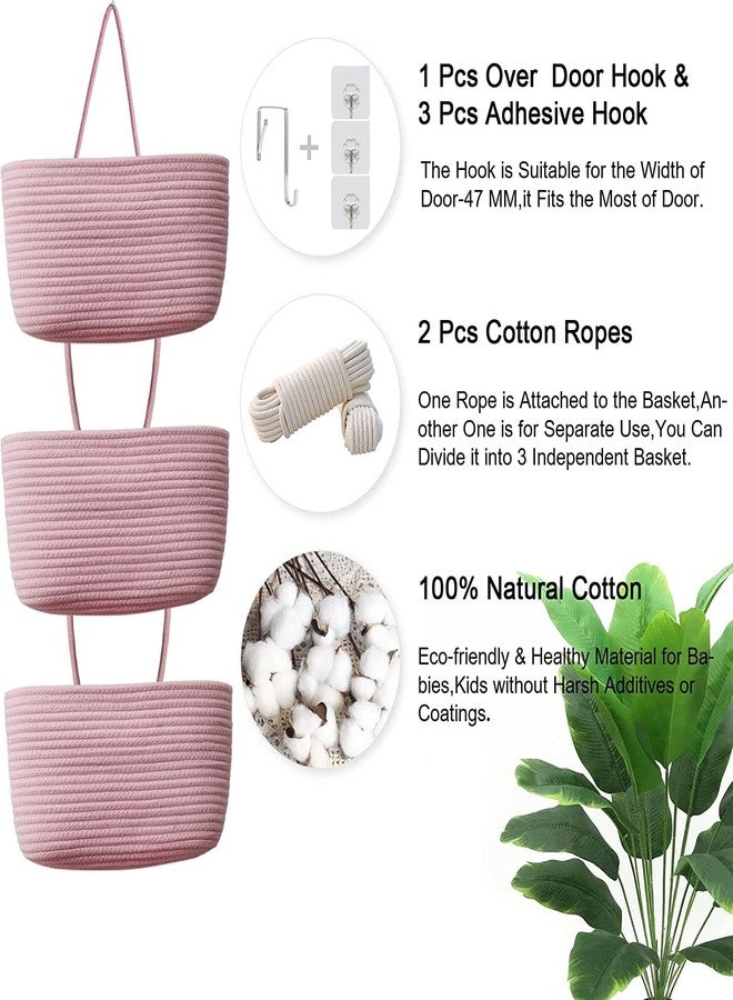 Gleckn Small Basket Cotton Rope Basket With Cat Ears Little Storage Baskets For Organizing Bins Organizer Wicker Nursery Room For Kids Baby Dog Toy Drawer Gifts 9.5"X8.5"X4" (Pink, 3-Tier) - Image 2